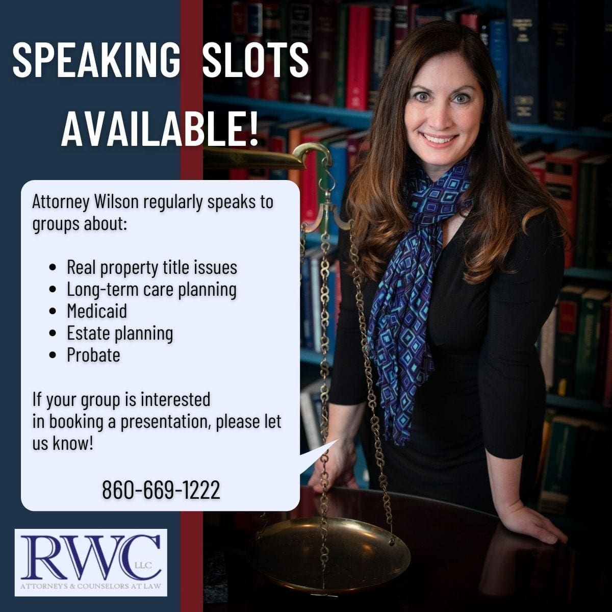 speaking events calendar with attorney Joan Wilson